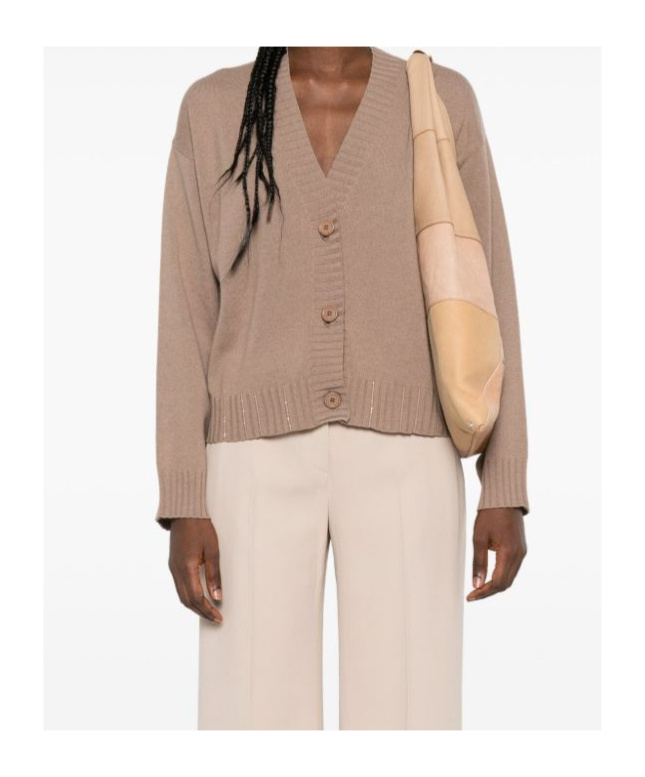 Fabiana Filippi Long Sleeve V Neck Top With Ribbed Cuffs And Hem In Brown