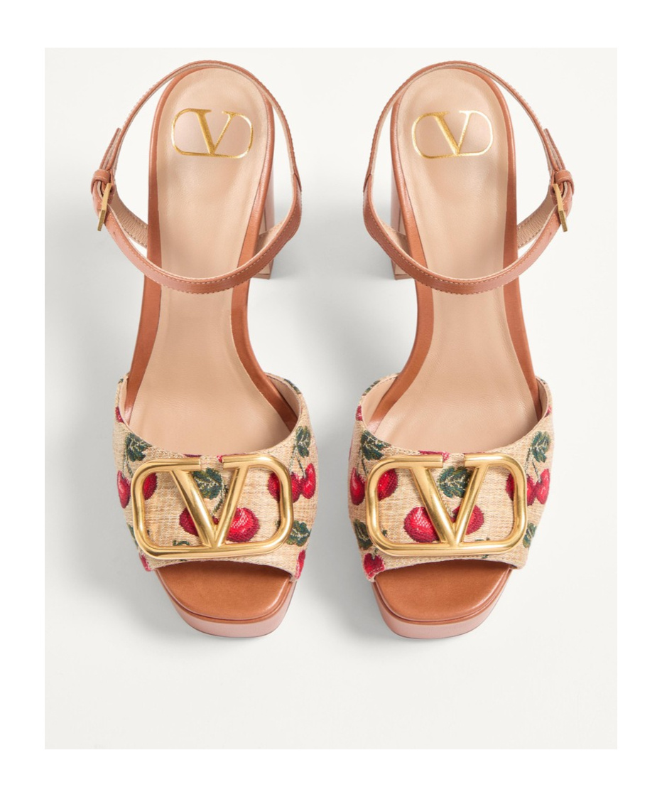 Valentino Cherry-embroidered Raffia Platform Sandals In Brown