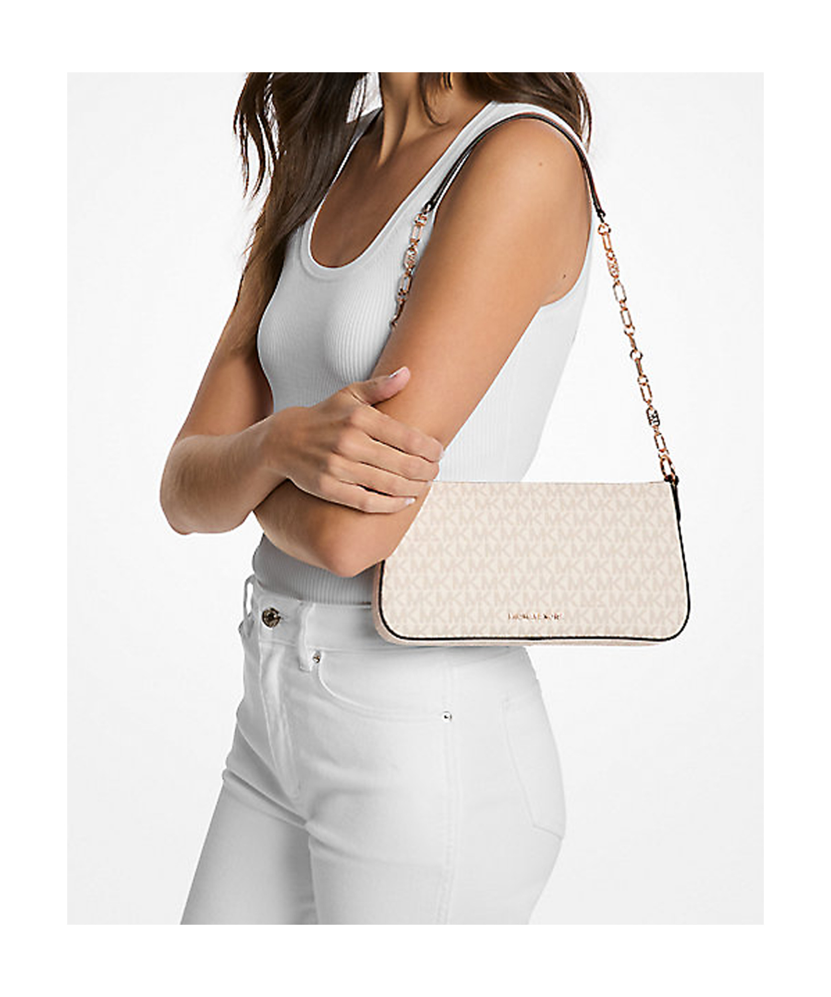 Michael Kors Michael Empire Medium Signature Logo Chain-link Pochette In Brown