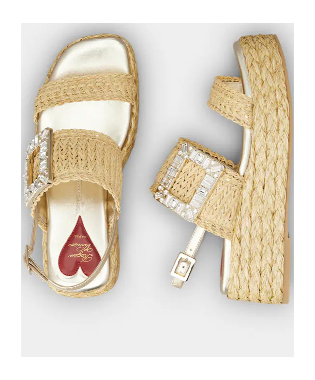 Shop Roger Vivier Strass Buckle Wedge Sandals In Raffia In Beige