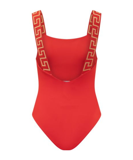Versace Square-neck Greca-strap One-piece Swimsuit In Red