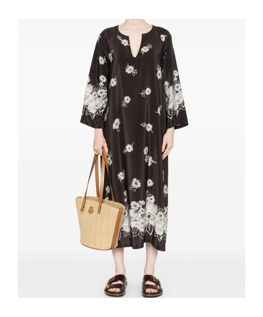 P.a.r.o.s.h Black And White Long Dress With V-neck And All-over Floral Printed Pattern In Silk Woman