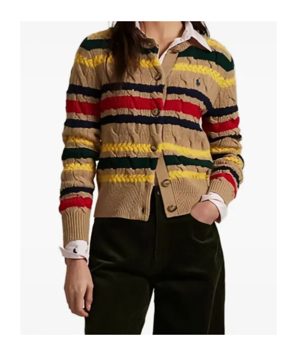 Polo Ralph Lauren Striped Cable Knit Cardigan With Ribbed Cuffs And Hem In Brown