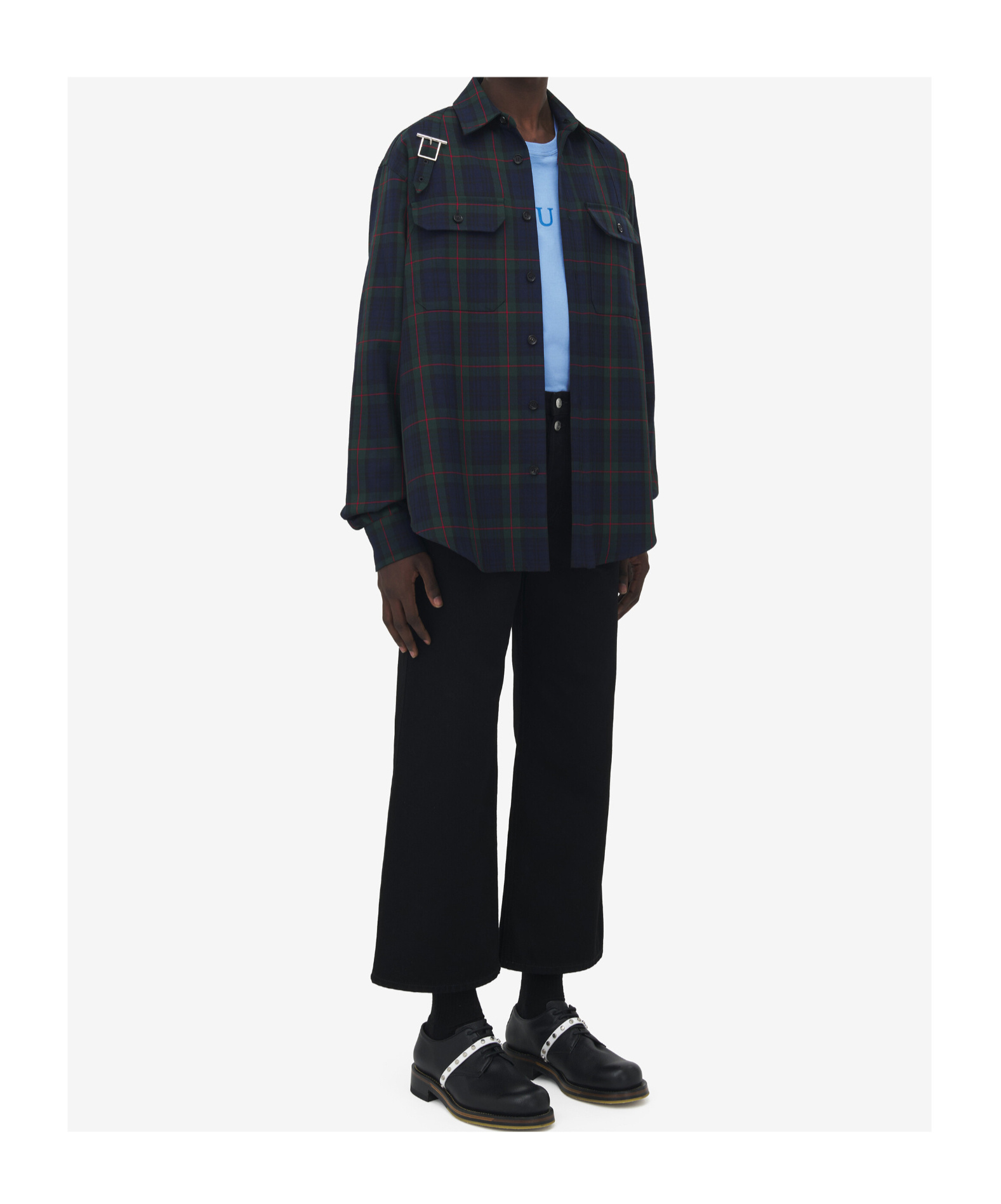Alexander Mcqueen Men's Tartan T-bar Harness Overshirt In Black/navy/green In Blue