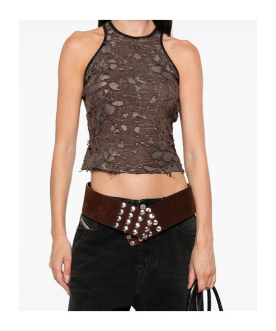 Diesel Logo Embroidered Distressed Sleeveless Top In Brown