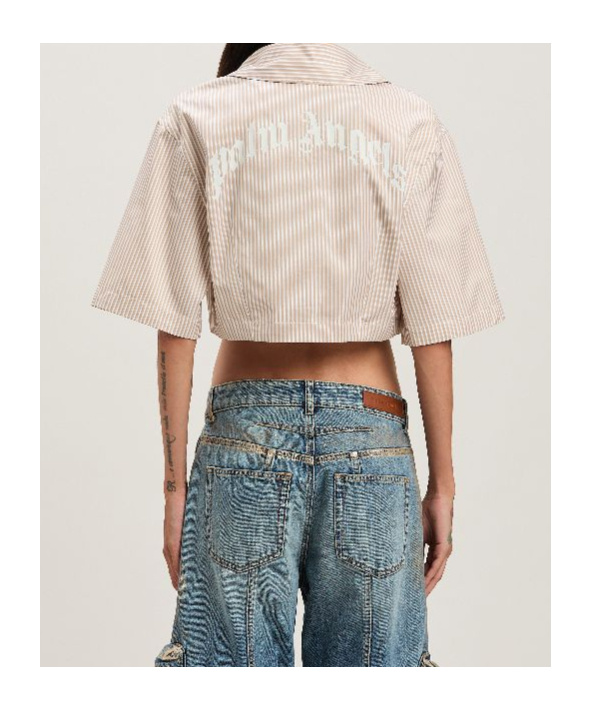 Palm Angels Crop Shirt With Beige And White Stripes With Logo