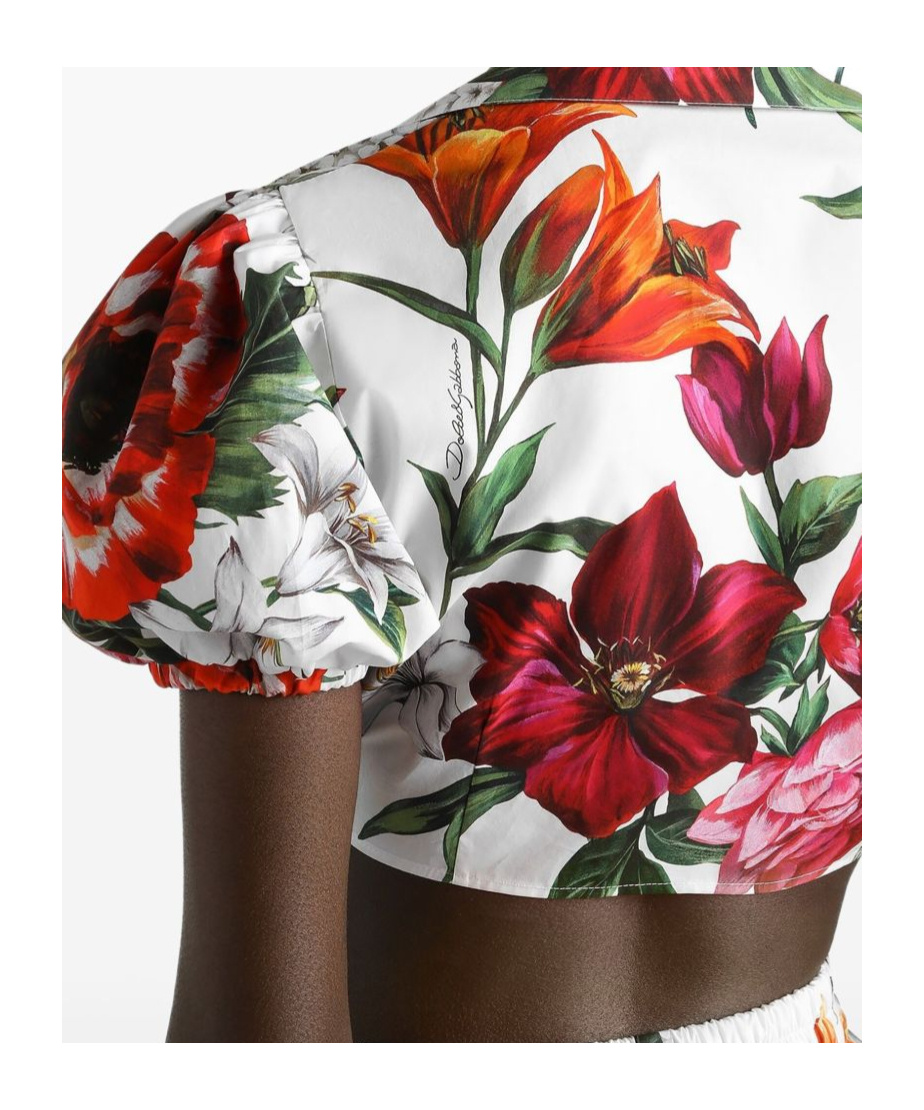 Dolce & Gabbana Anemone Floral Popeline Puff-sleeve Tie Crop Shirt