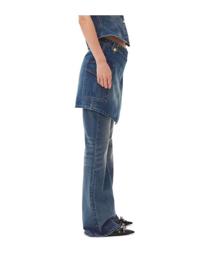 Ganni Dark Blue Heavy Washed Flared Skirt Jeans In Blue