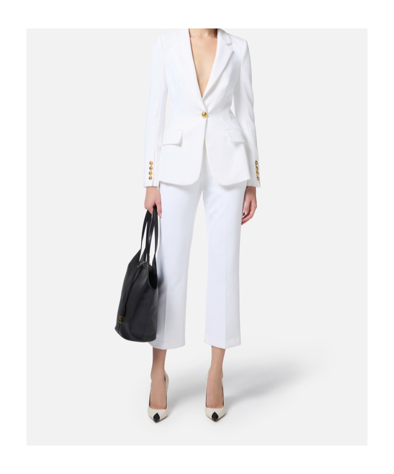 Elisabetta Franchi Cropped White Suit With Classic Blazer And Jewel Button In White