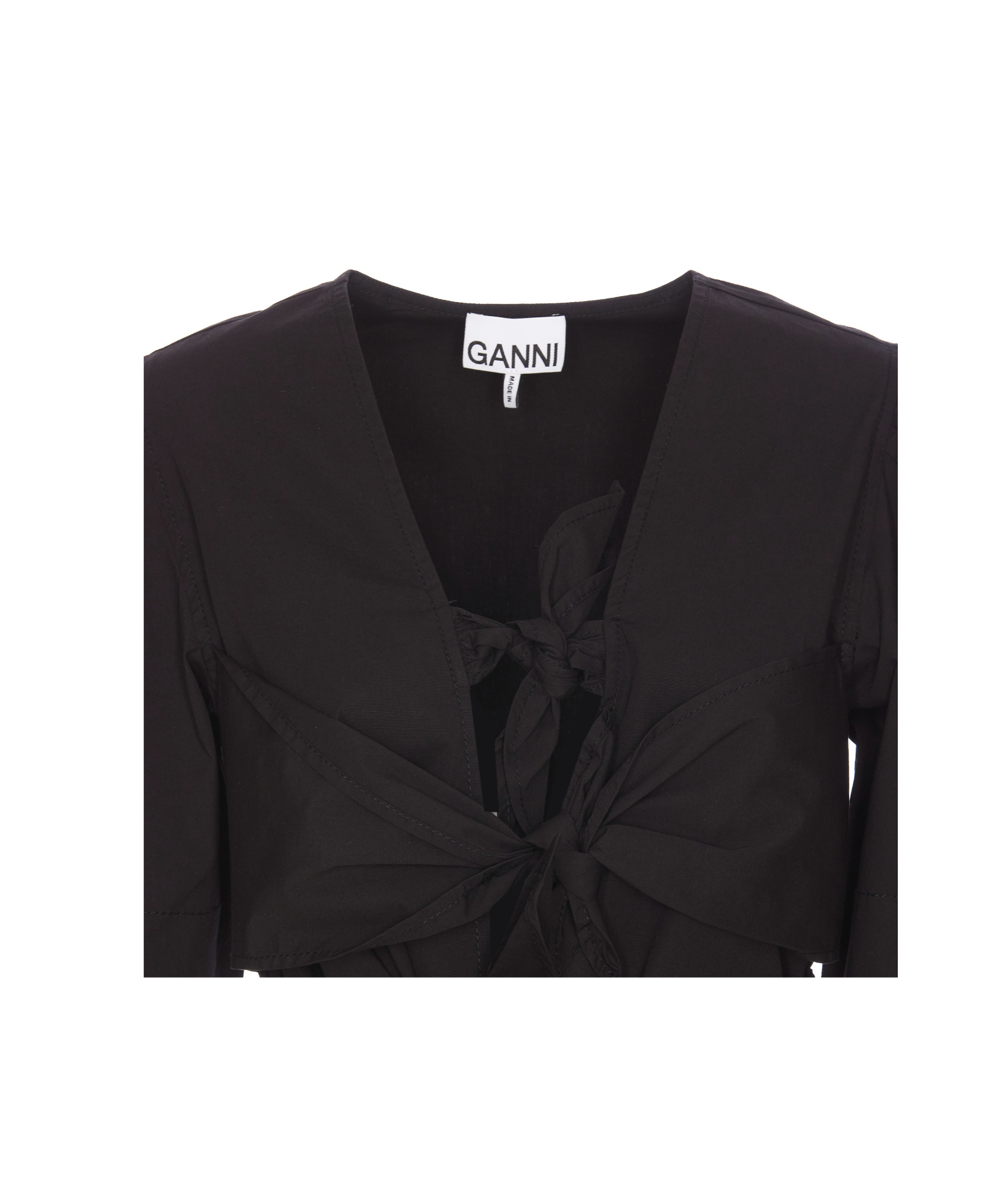 Shop Ganni Black Washed Stretch Cotton Tie Strap Blouse