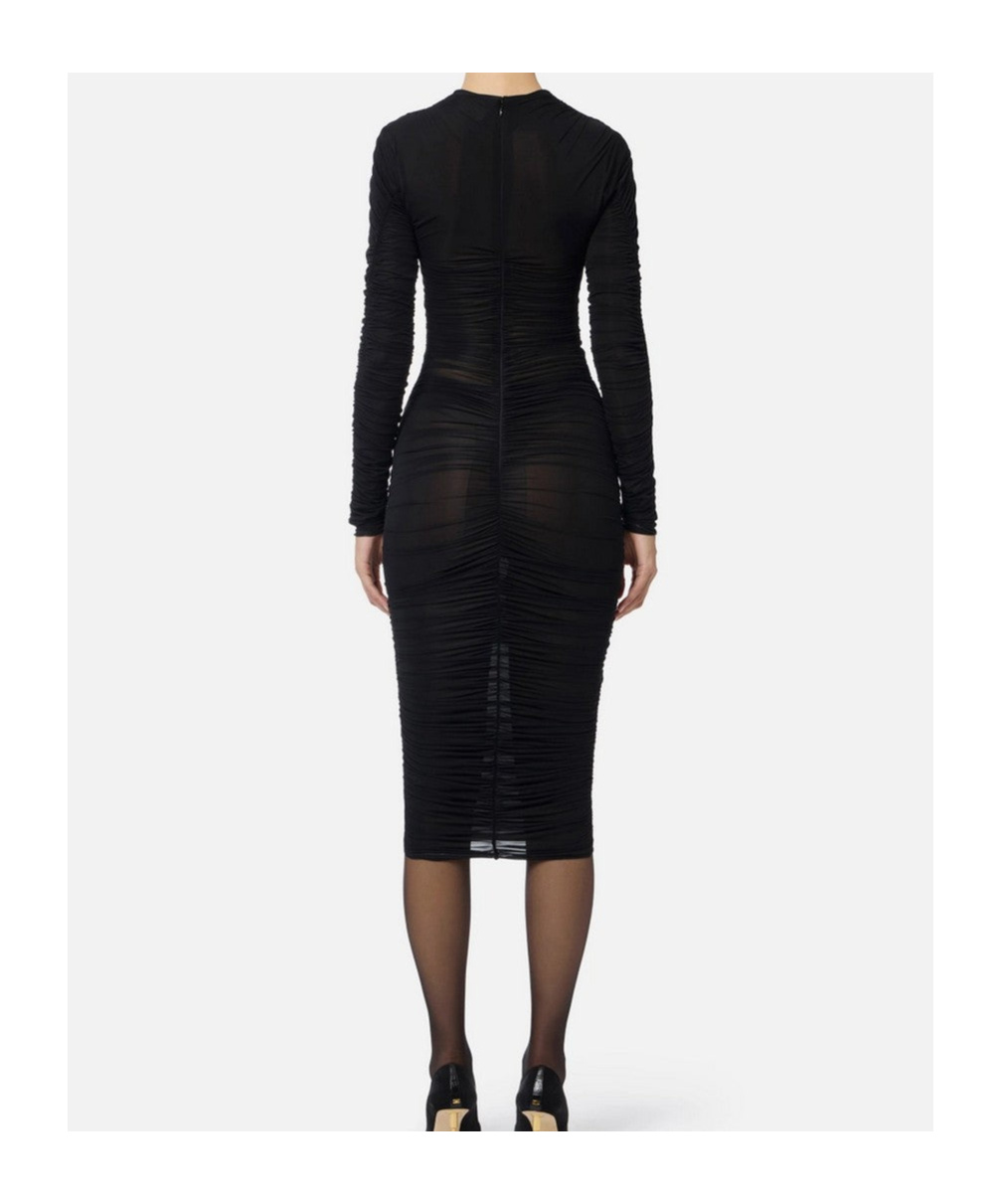 Elisabetta Franchi Long Sleeve Midi Dress With Sheer Fabric In Black