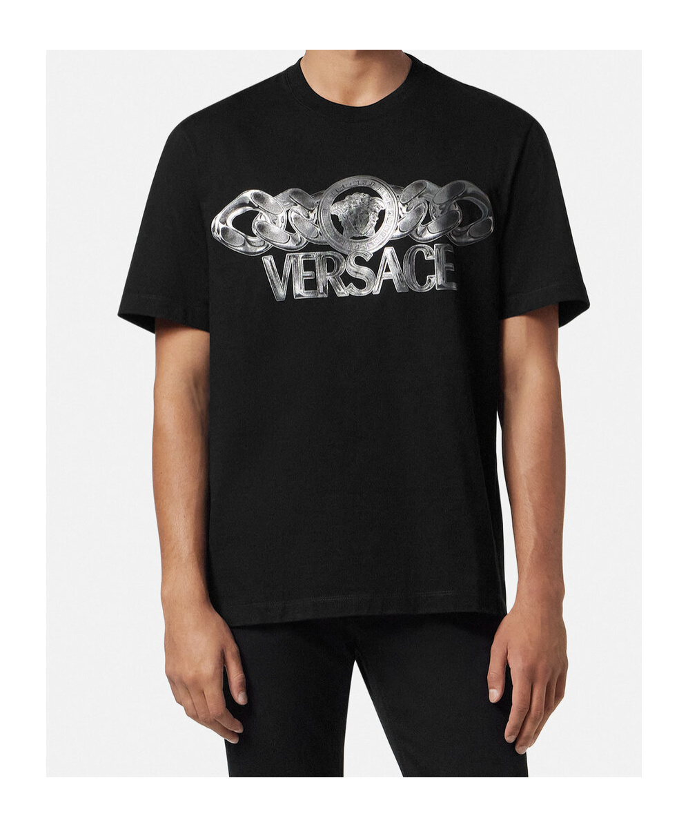 Versace Black T-shirt With Medusa Head Logo Print On The Front In Cotton Man In Black