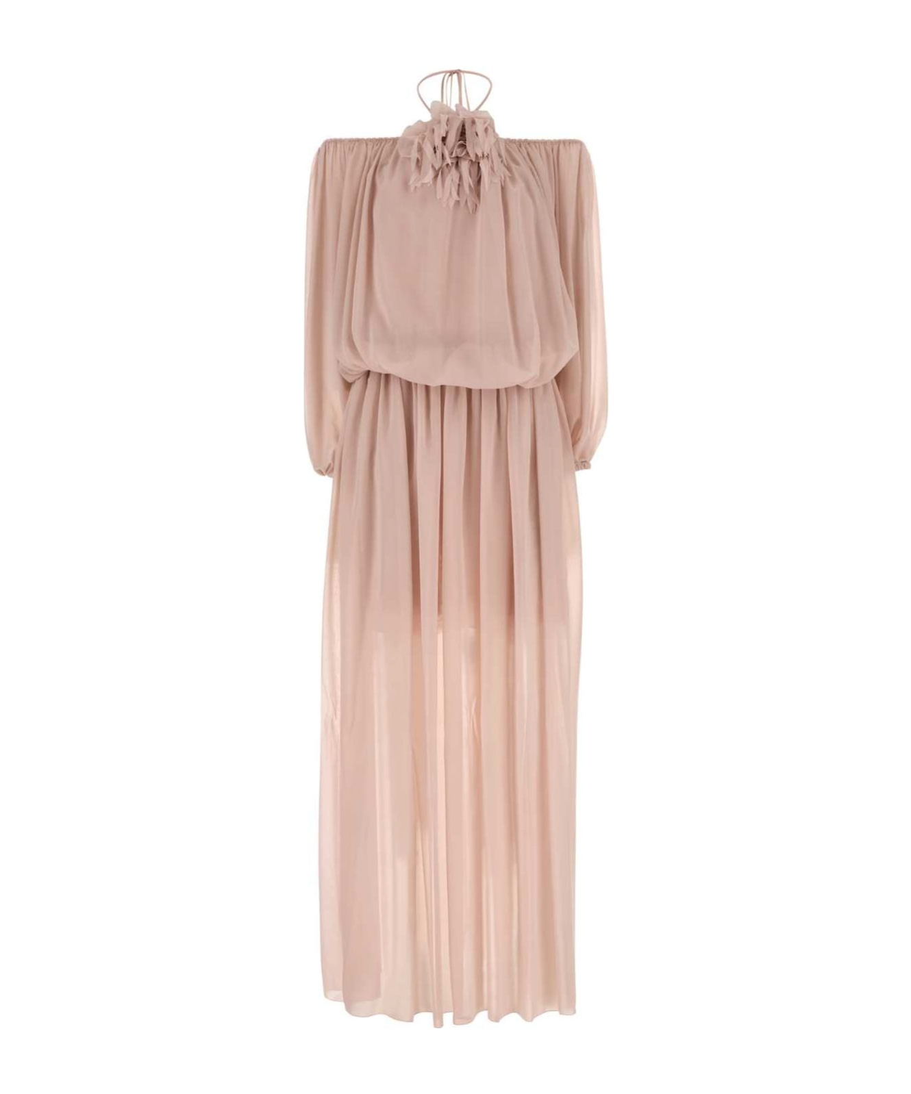 Blumarine Long Dress In Georgette With Balloon Sleeves In Nude