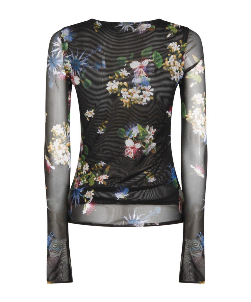 Blumarine Long Sleeve Floral Sheer Top In Black
