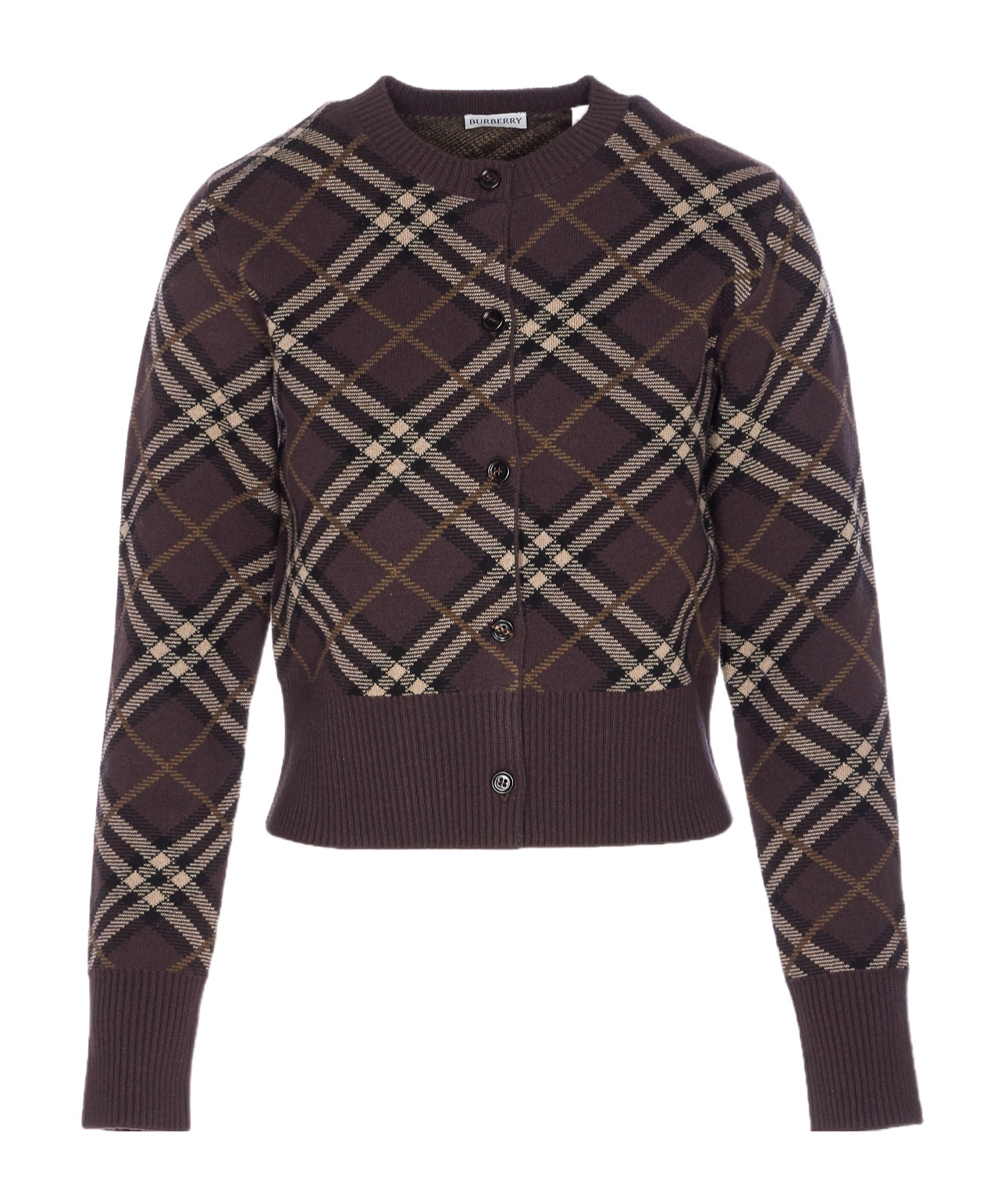 Burberry Long Sleeve Cardigan With Check Motif And Crewneck In Brown