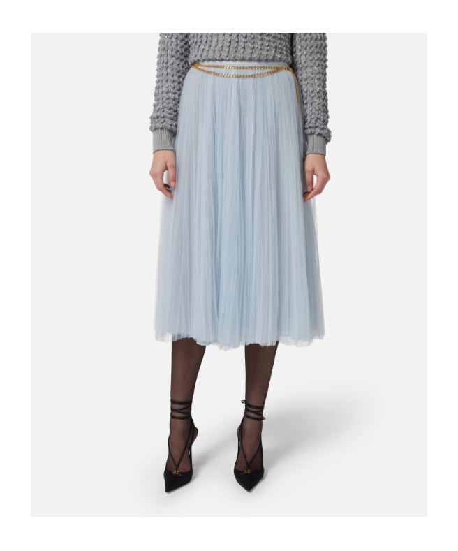 Elisabetta Franchi Midi Skirt With Gold Chain And Pleats In Silver
