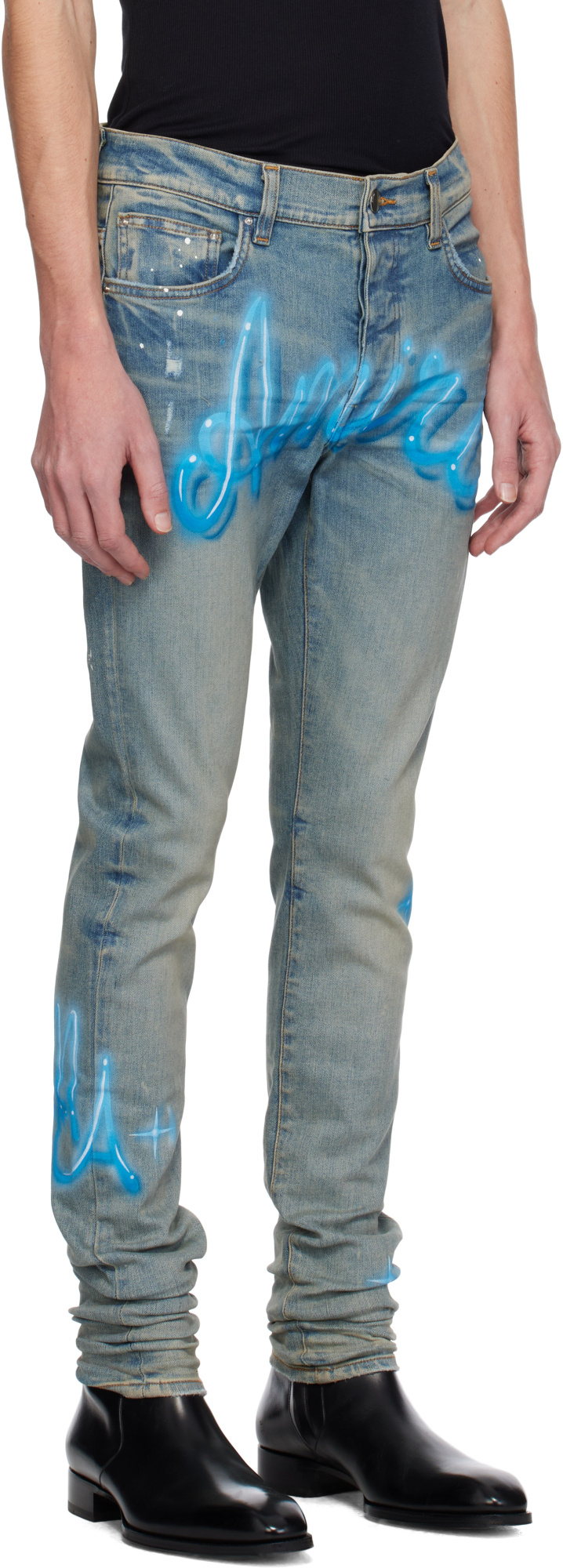 Amiri Blue Airbrush Logo Skinny Jeans In Gray