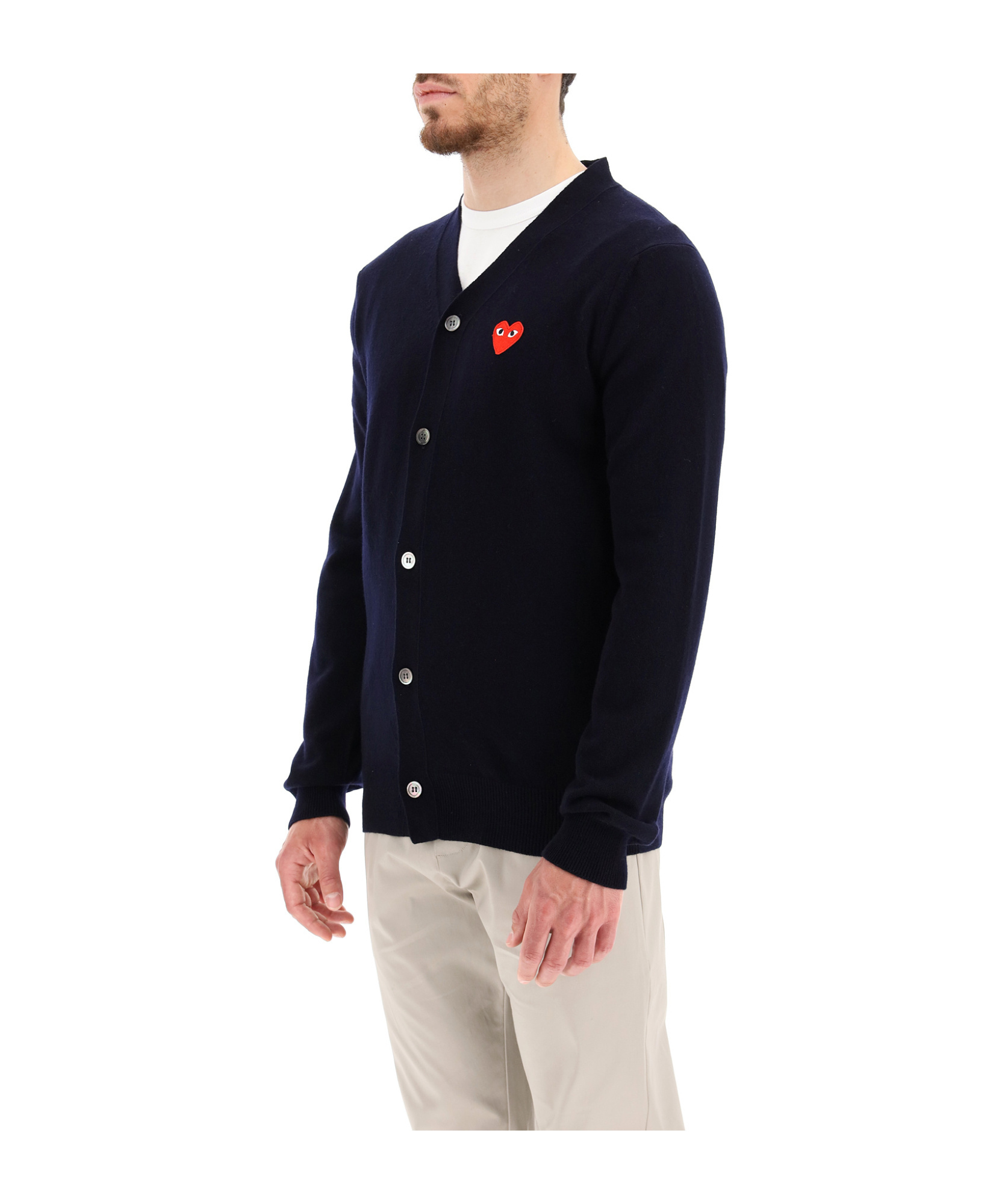 Comme Des Garçons Play Midnight Wool Cardigan With Ribbed Hem In Black