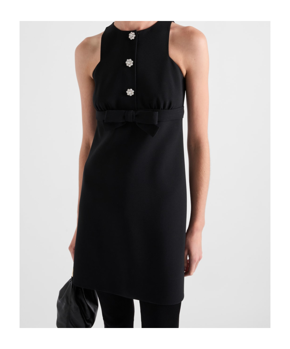 Prada Bow Jeweled Button Mini Dress In Black