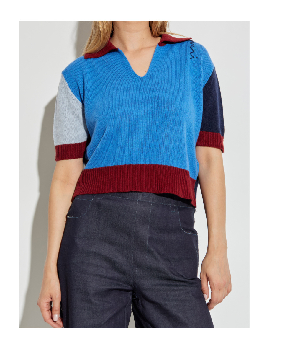 Marni V-neck Colorblock Crop Polo Sweater In Blue
