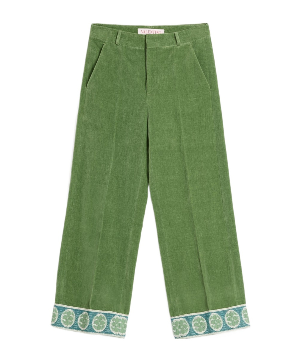 Valentino Garavani Velvet Trousers With Jacquard Hem In Green