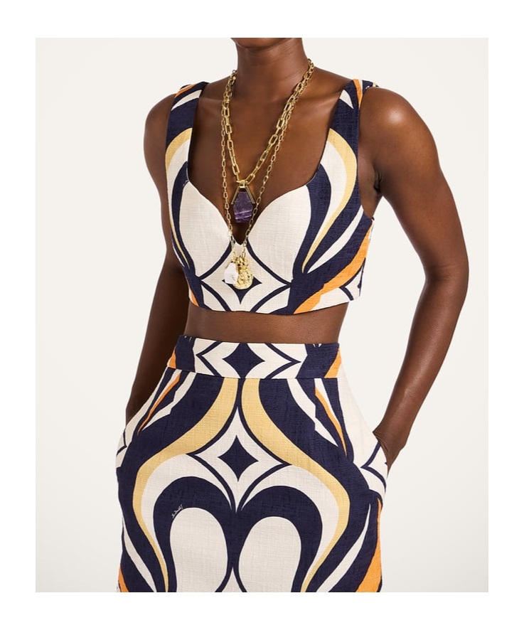 La Doublej Abstract-print Sweetheart Top In Black
