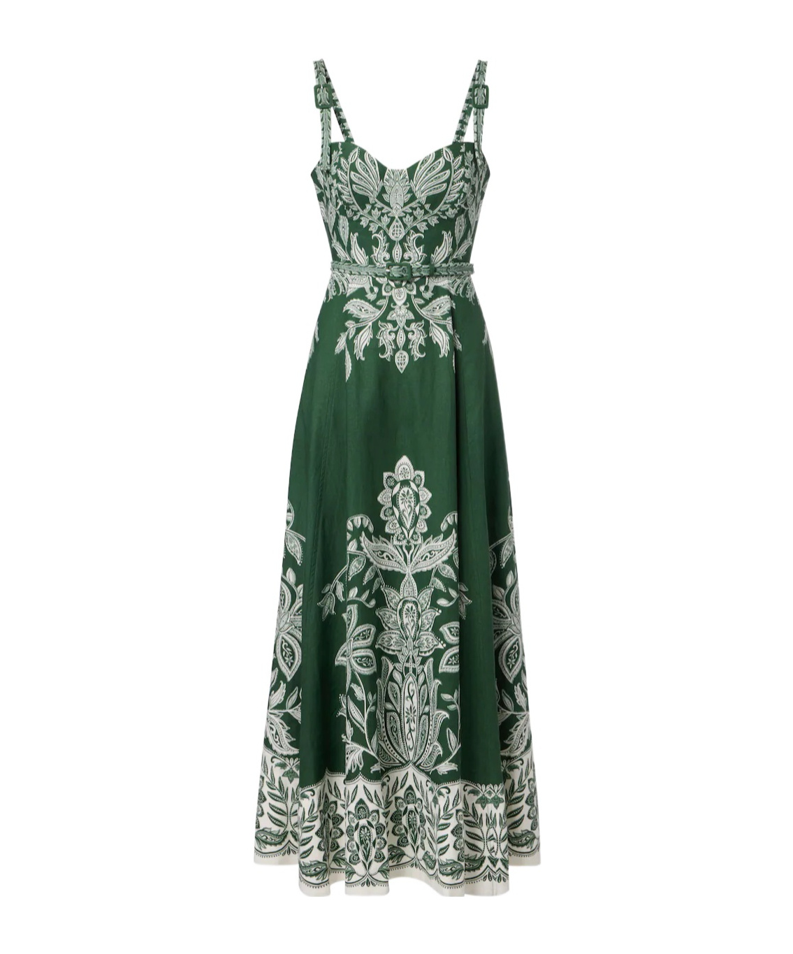 Farm Rio Miranda Buckles Floral Belted Midi Dress In Green