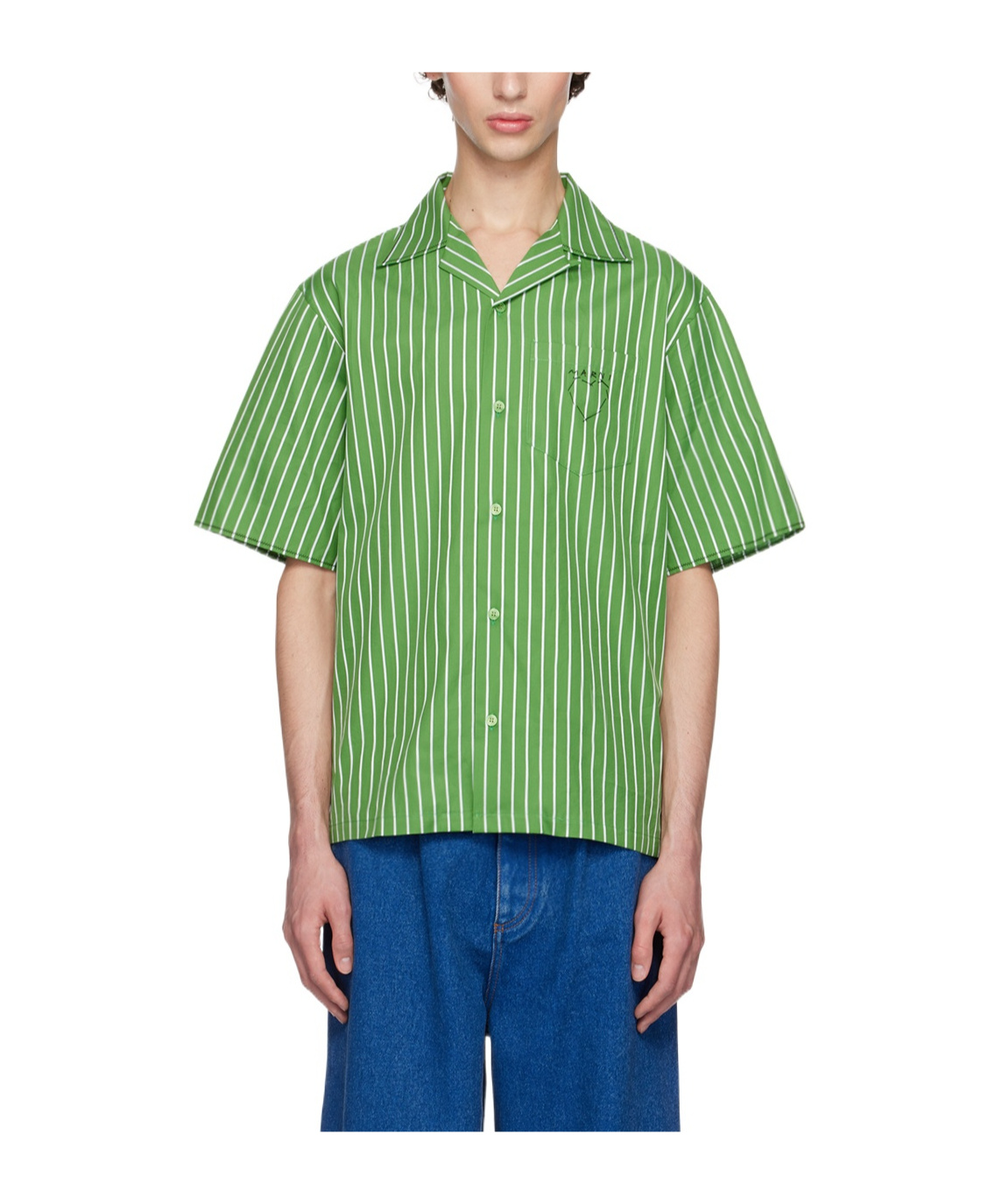Shop Marni Embroidered Striped Shirt In Green