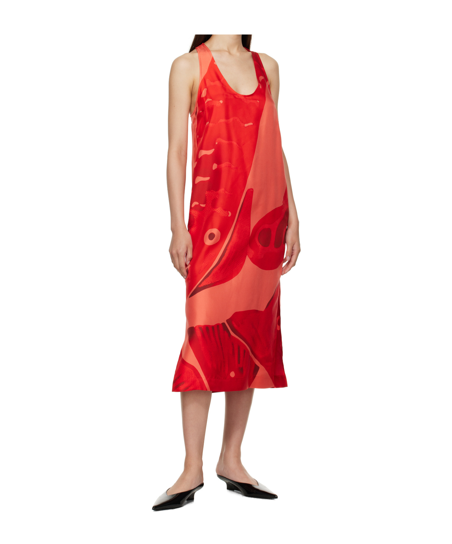 Ferragamo Red Fish Print Silk Maxi Dress In Red