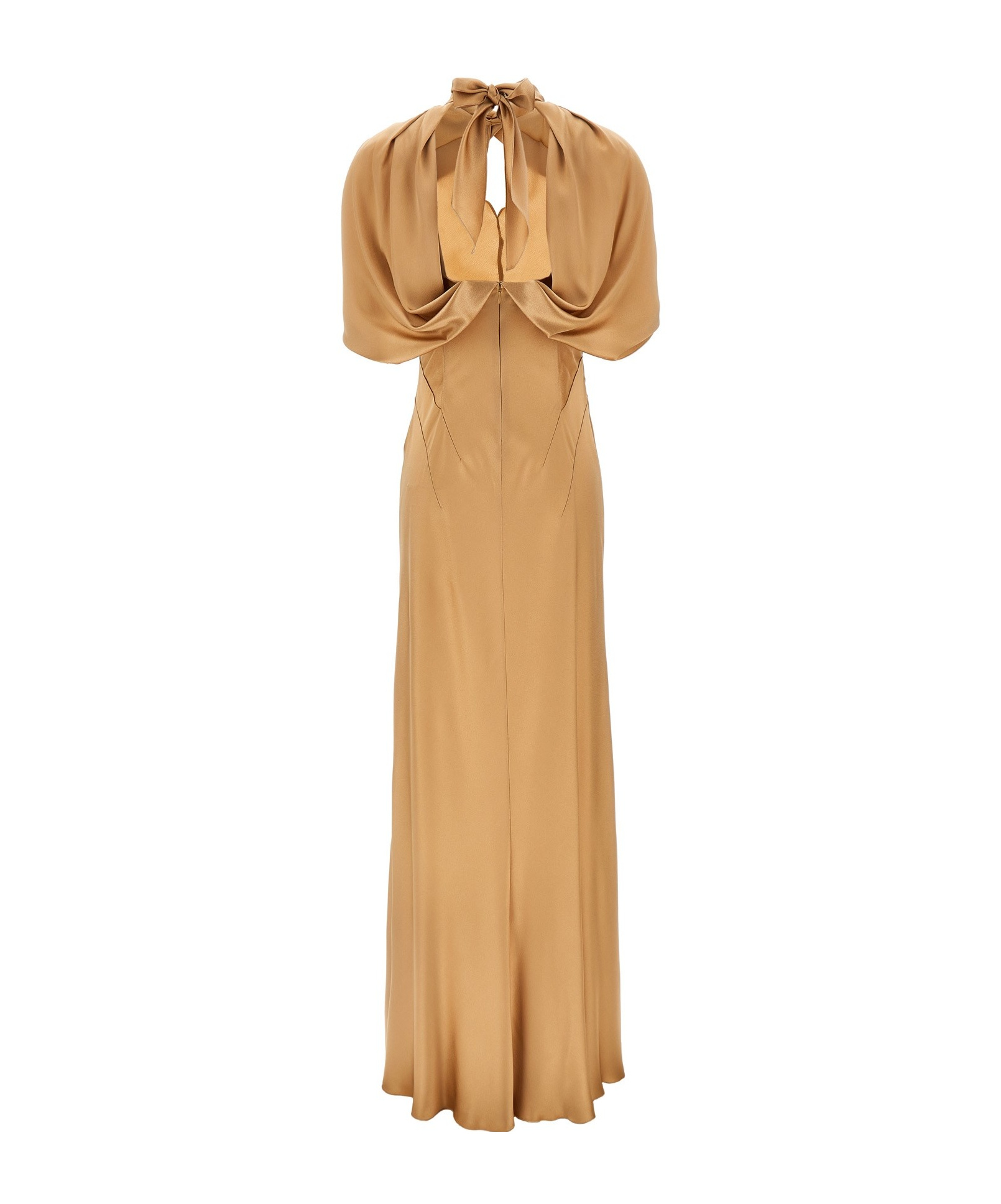 Alberta Ferretti Satin Long Dress Draped Sleeves In Nude