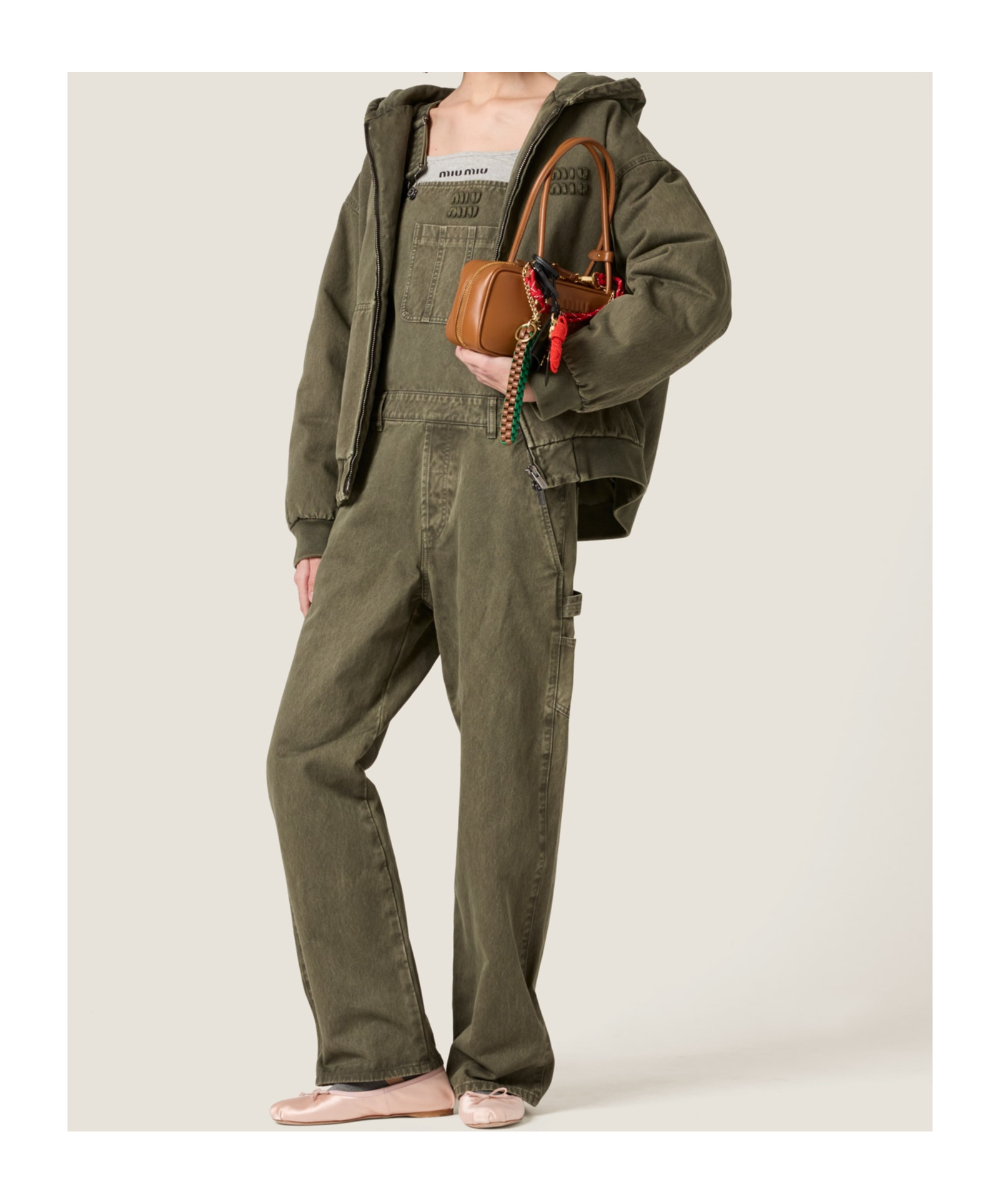 Miu Miu Garment-dyed Blouson Jacket With Embroidered Logo In Green