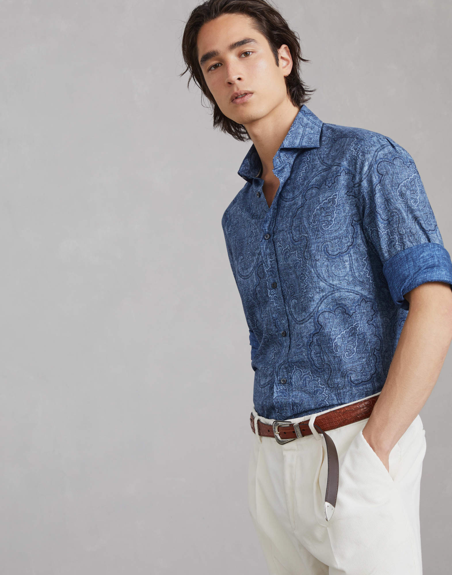 Shop Brunello Cucinelli Patterned Jacquard Cotton Shirt In Blue