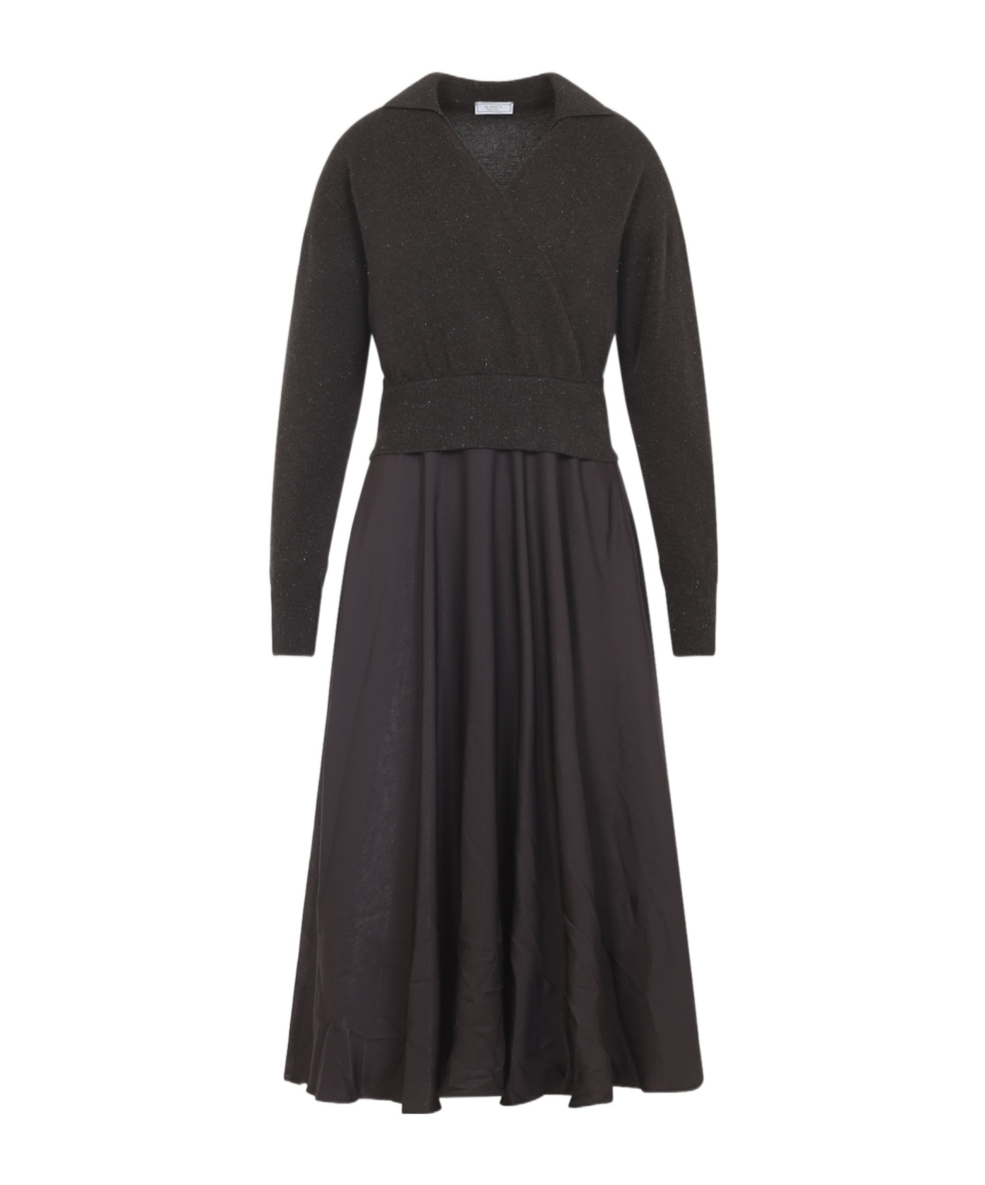 Peserico Ebony Brown Two-fabric Midi Dress With Pointed Collar In Black