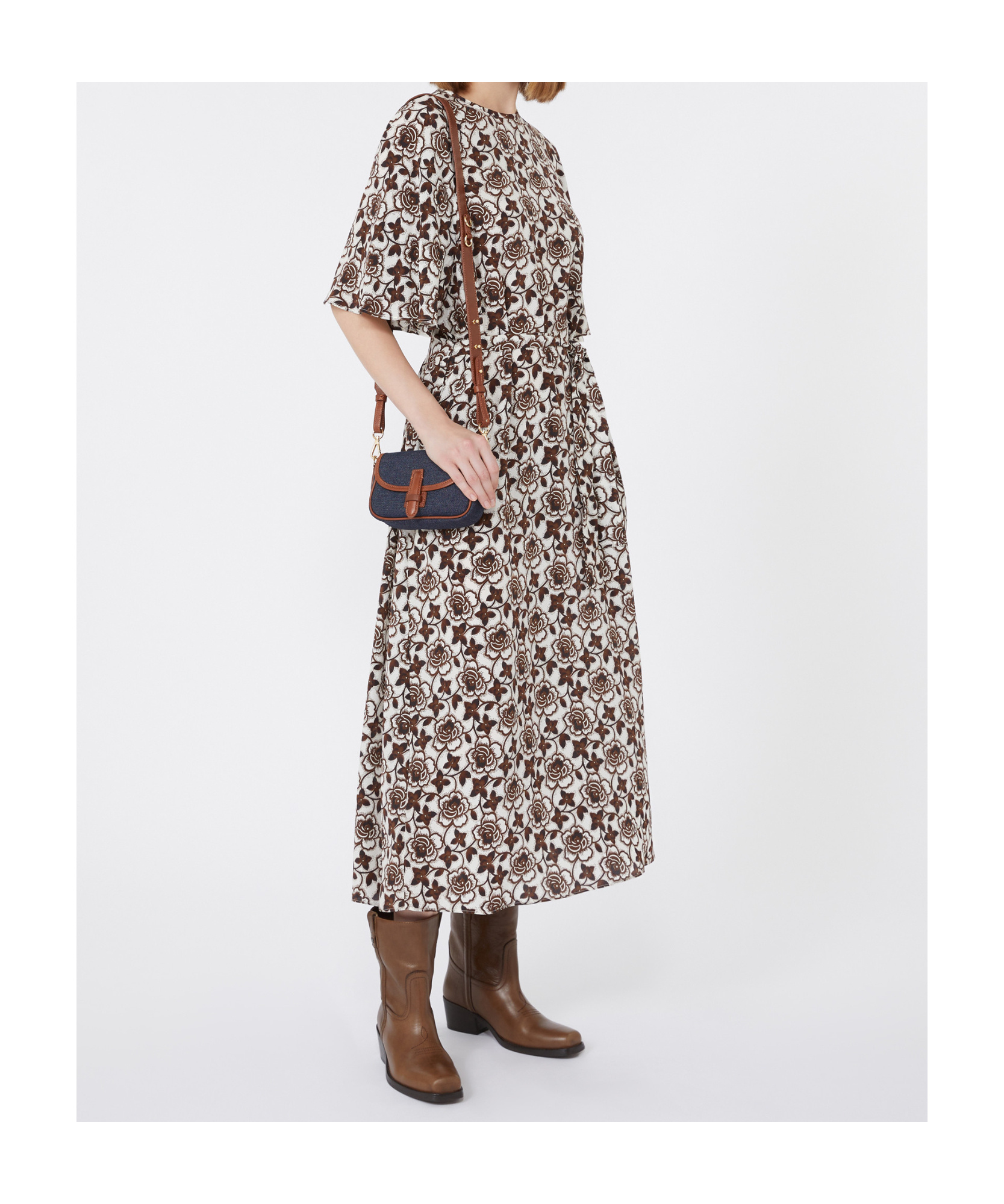 Weekend Max Mara Floral-print Short-sleeve Midi Dress In Brown