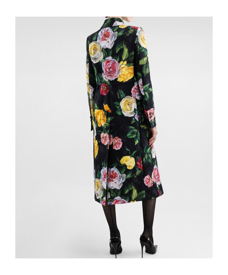 Dolce & Gabbana Single-breasted Peony And Rose-print Brocade Coat In Black
