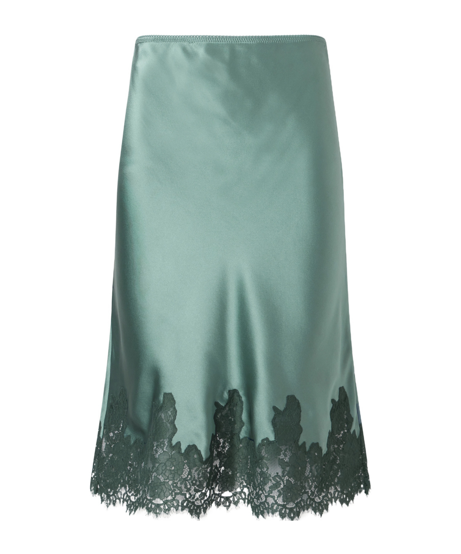 Doen Lace-trimmed Silk-satin Midi Skirt In Green