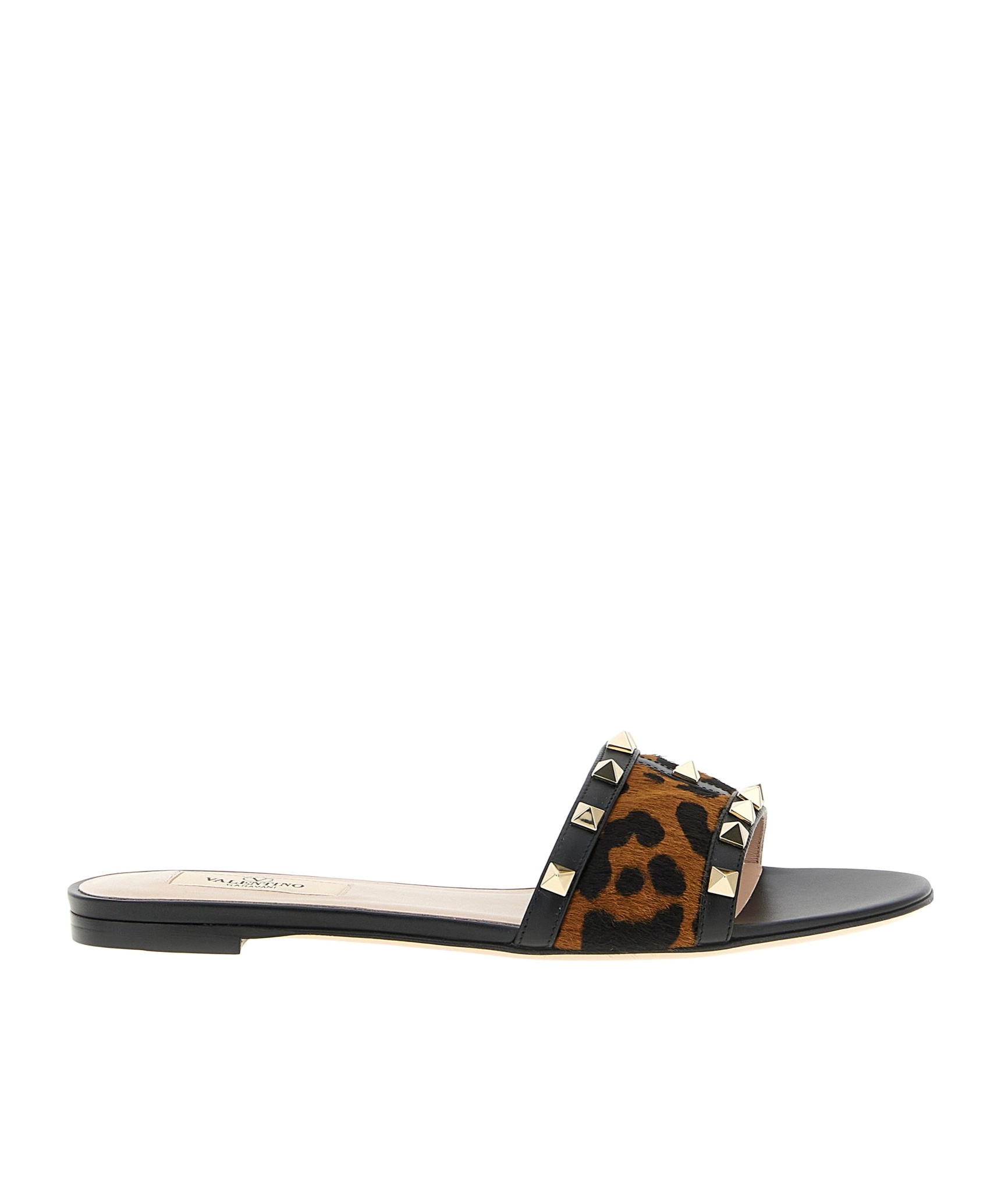Valentino Rockstud Animal Print Flat Slides In Brown