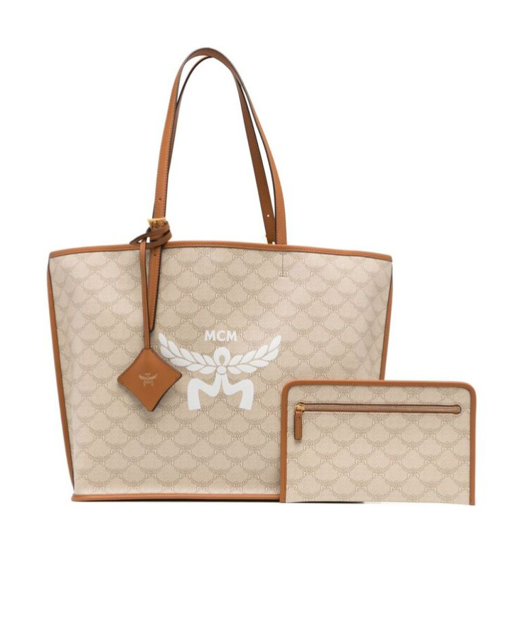 Mcm Medium Himmel Lauretos Logo Printed Tote Bag In Nude