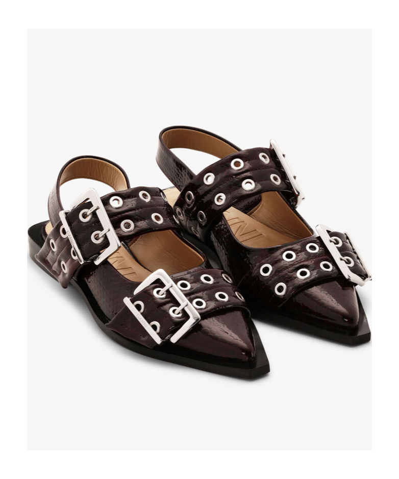 Ganni Black Croco Print Slingback Ballet Flat Shoe With Buckles In Black