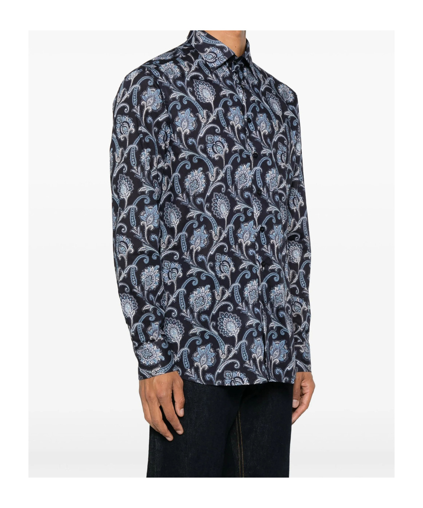Etro Blue Cotton Shirt With All Over Paisley Print In Multi