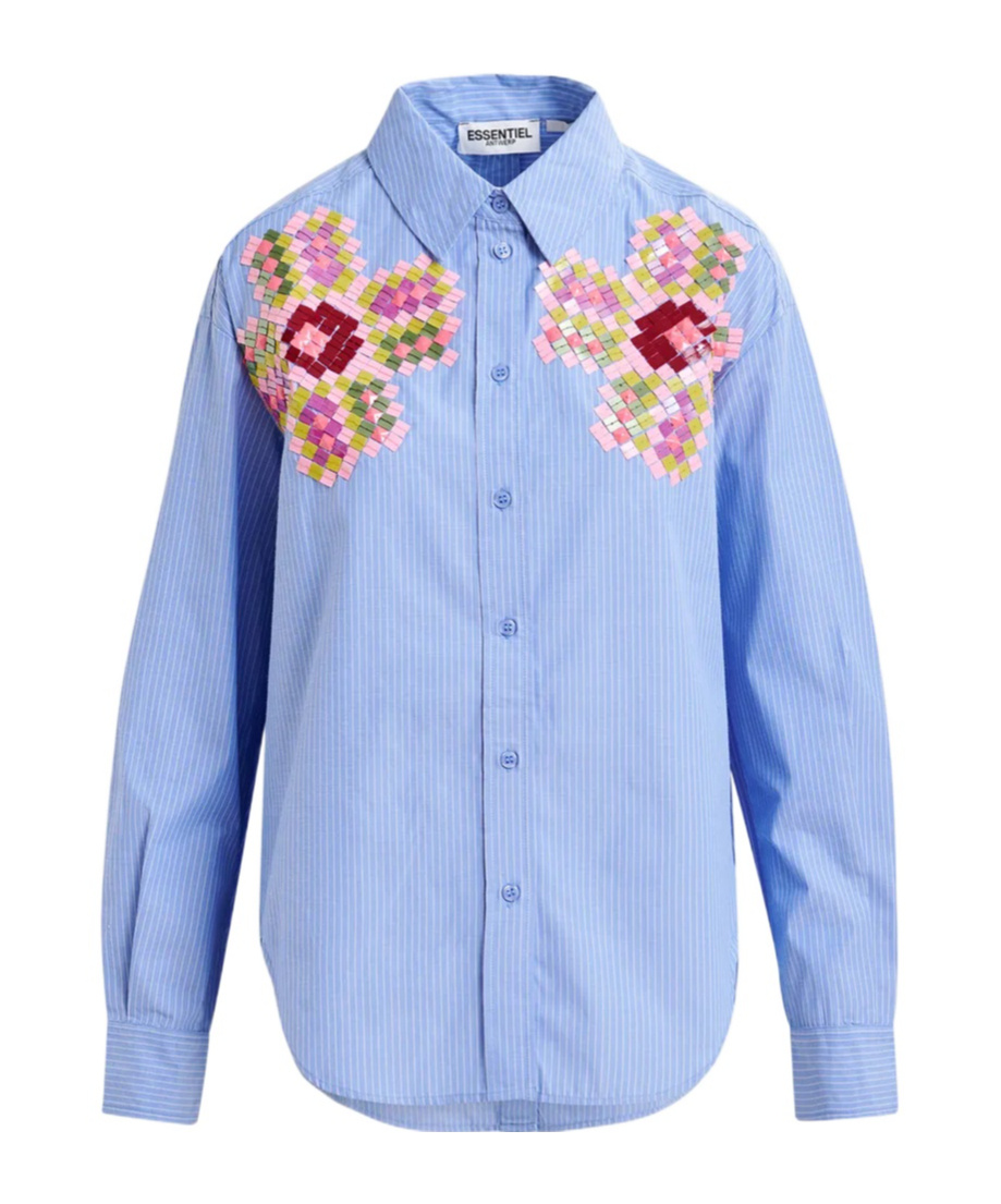 Shop Essentiel Antwerp Light Blue Sequin-embroidered Pinstripe Shirt
