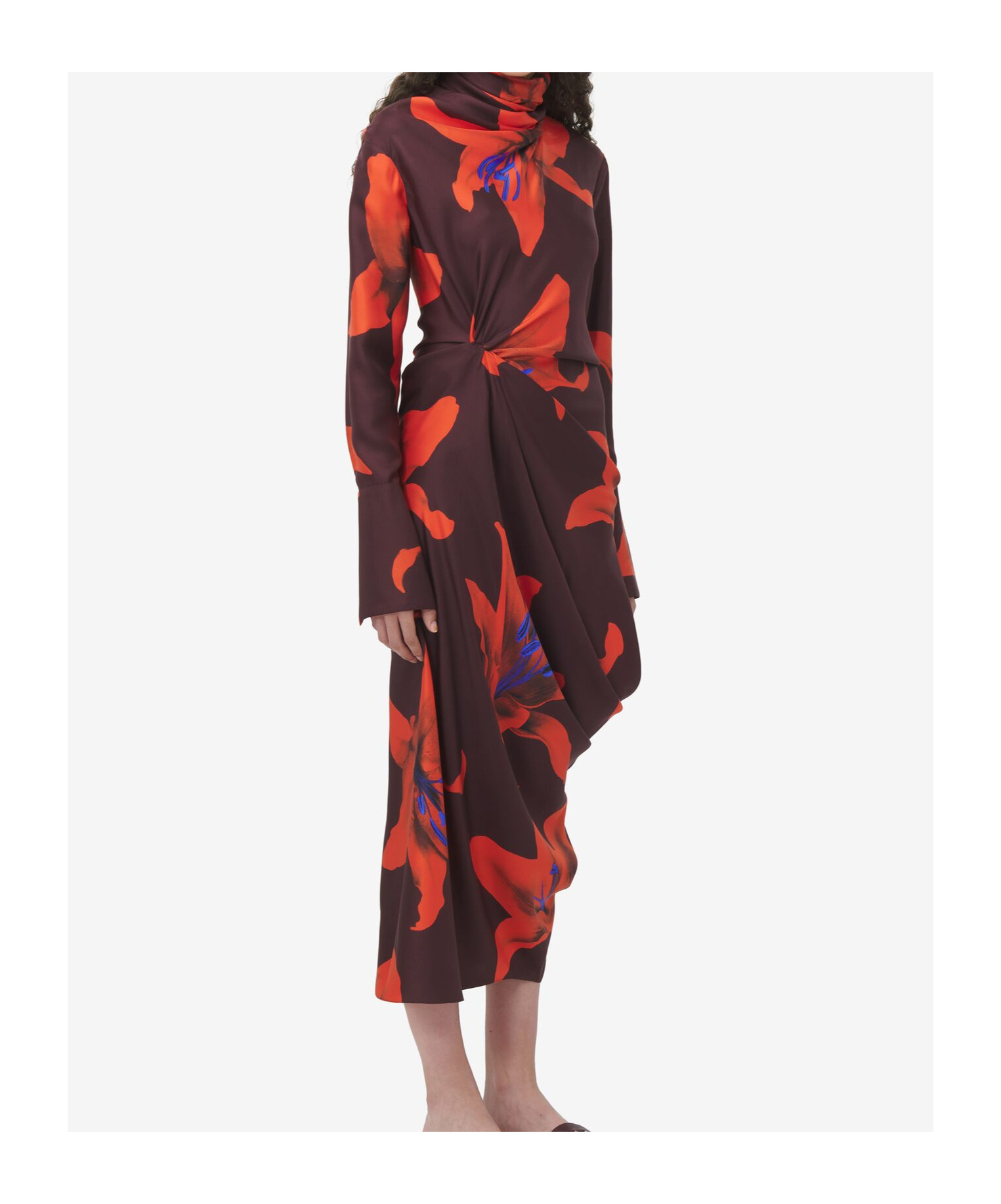 Alexander Mcqueen Turtleneck Floral Twisted Long-sleeve Midi Dress In Red