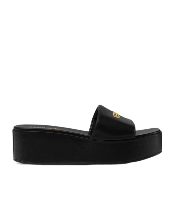 Versace Tag Platform Lambskin Leather Mules In Black