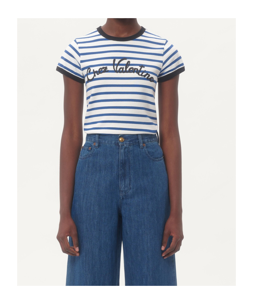 Valentino Womens Striped Embroidered Cotton-jersey T-shirt Avorio Blu In White