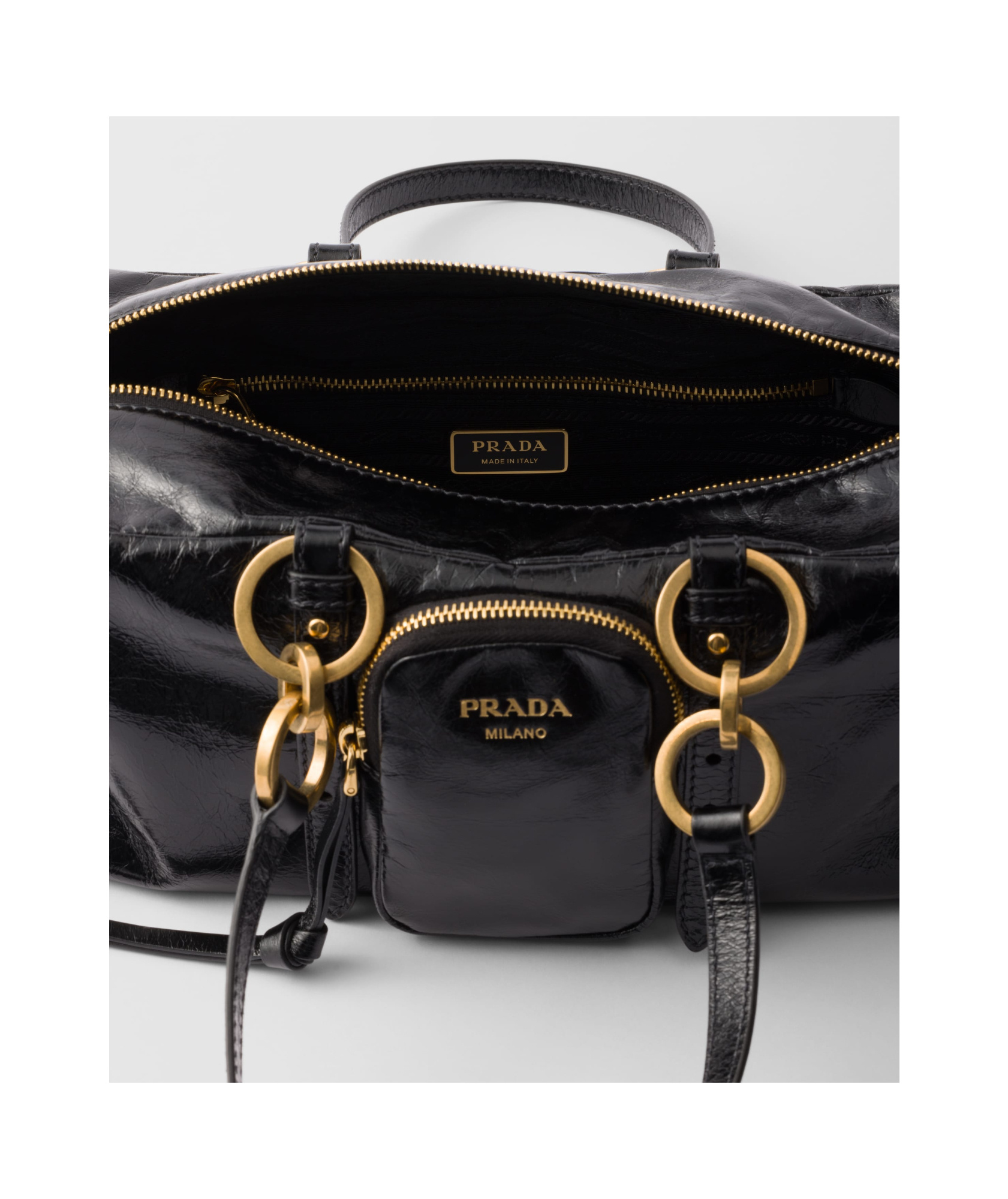 Prada Leather Handbag With Double Handles And Front Pocket In Black