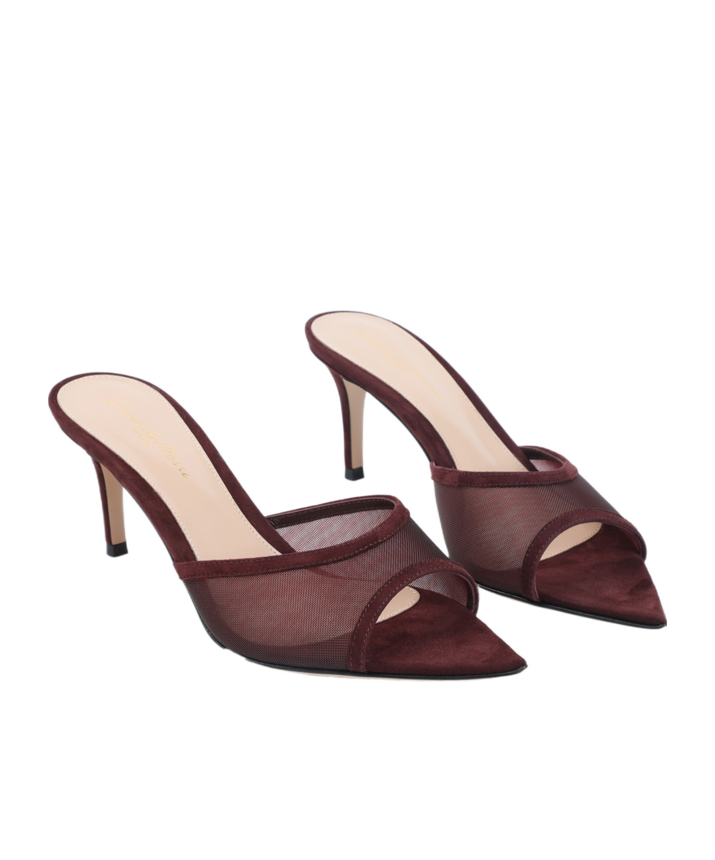 Gianvito Rossi Burgundy Suede Slippers With Transparent Mesh Overlay In Burgundy