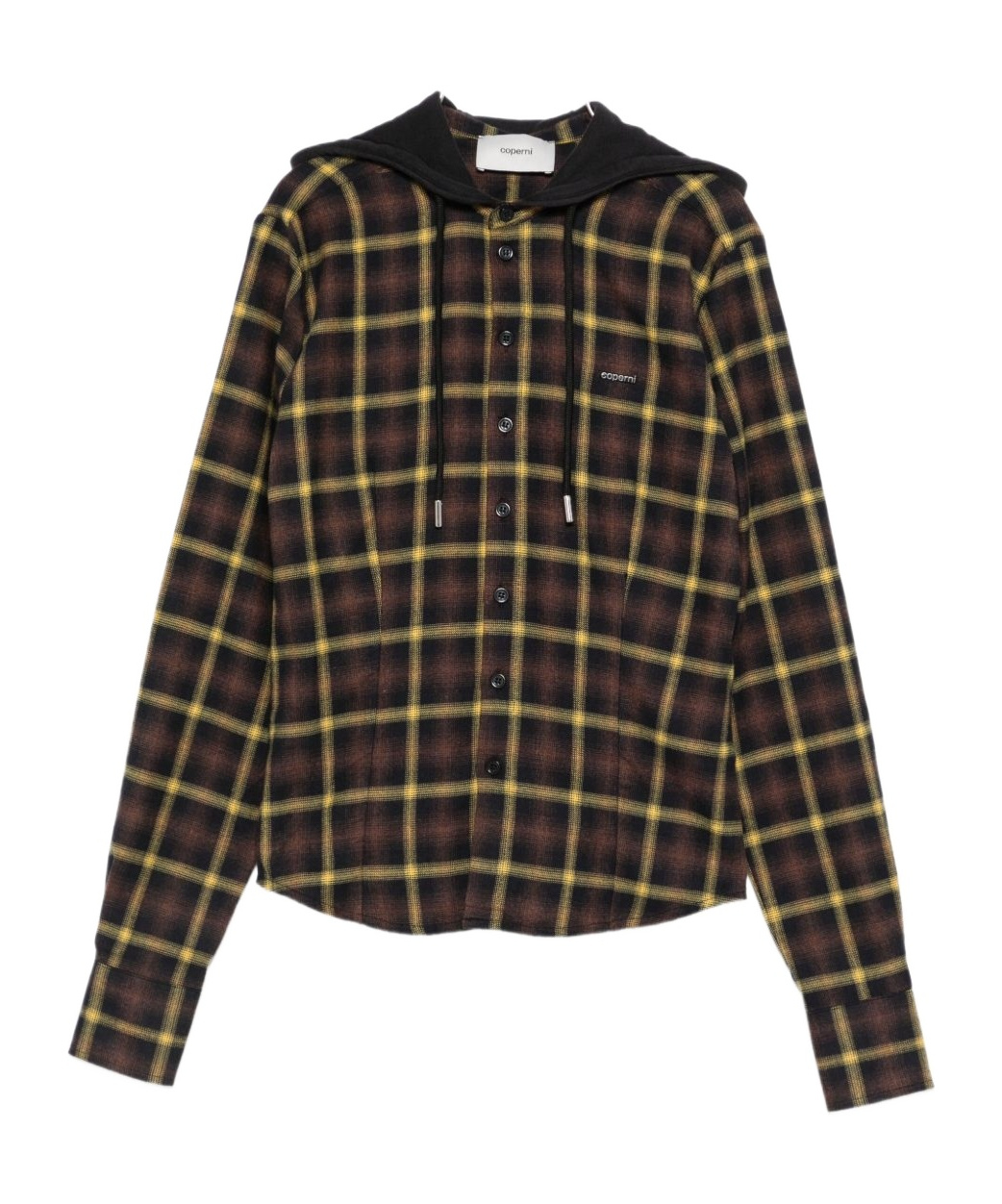 Coperni Plaid Brown Shirt With Hood And Button-down Detail In Brown