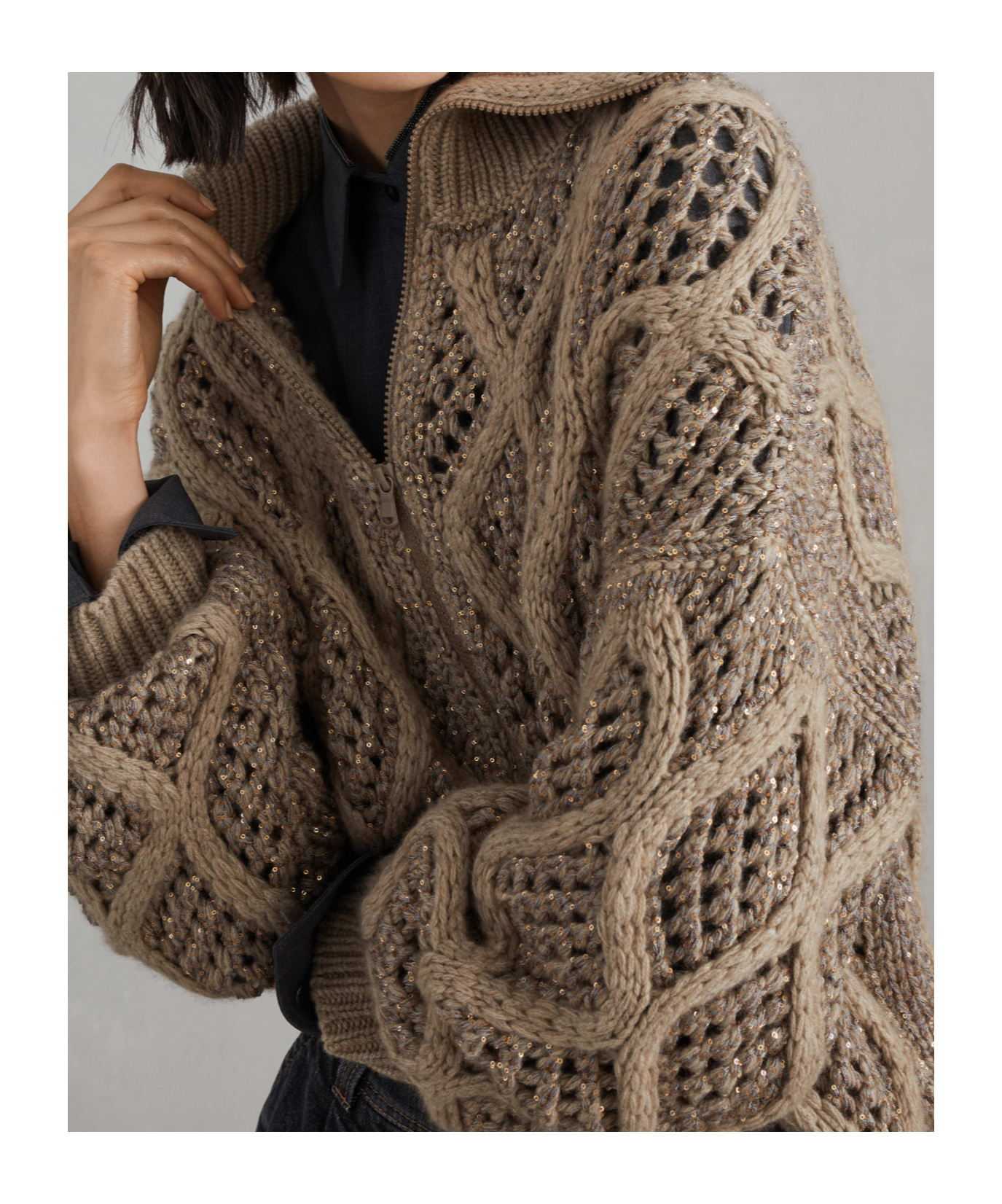 Brunello Cucinelli Zipped Open-knit Cardigan In Nude