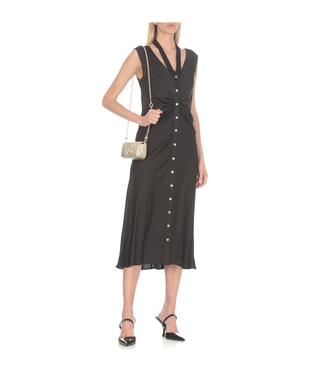 Pinko Button-up Runch Detailed Midi Dress In Black