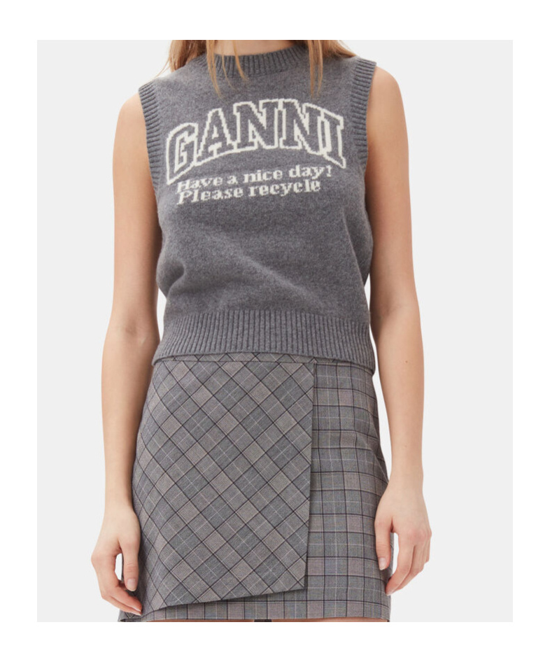 Ganni Knitted Vest With Logo In Gray